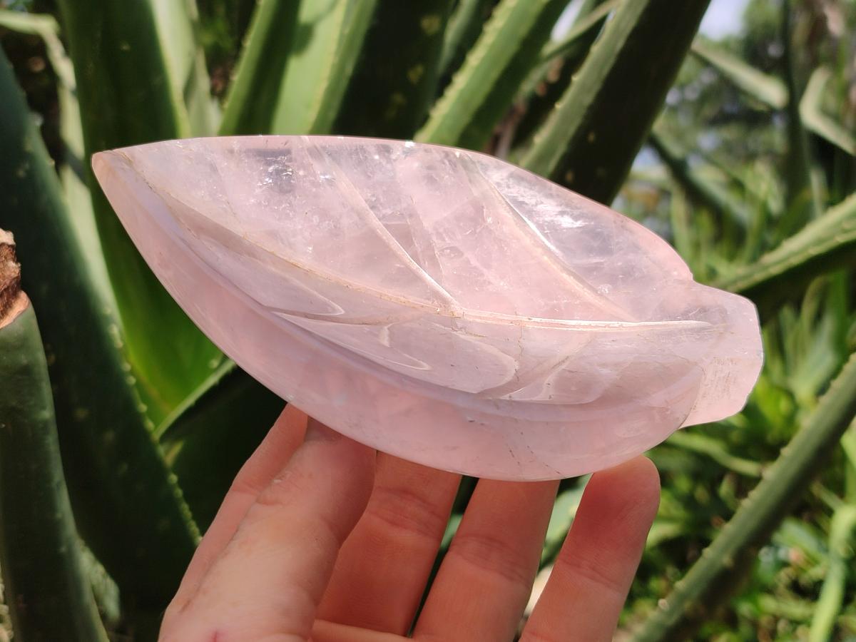 Hand Made Gemmy Rose Quartz Leaf Shaped Bowls x 3 From Madagascar