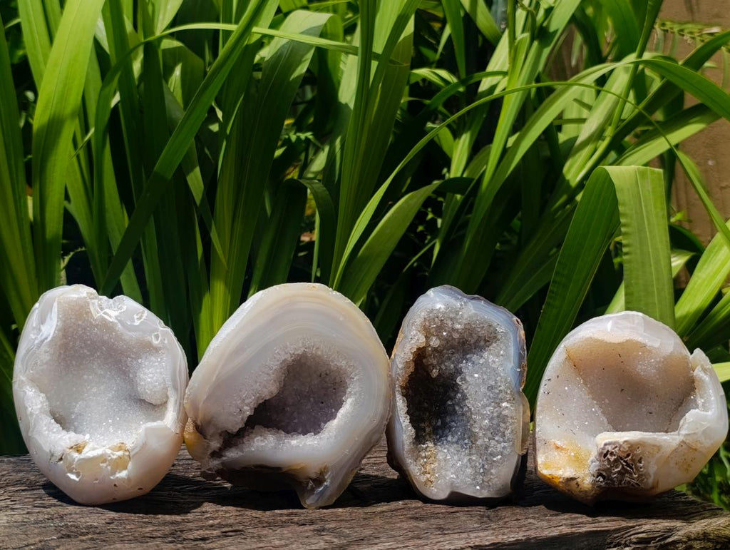 Polished Banded Agate with Crystalline Geodes x 4 From Maintirano, Madagascar
