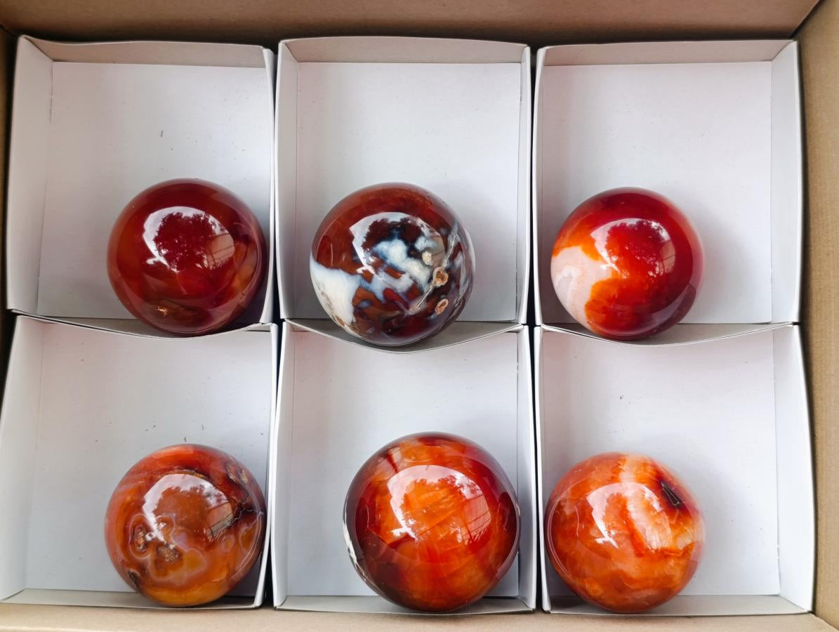 Polished Carnelian Agate Gemstone Spheres x 6 From Madagascar
