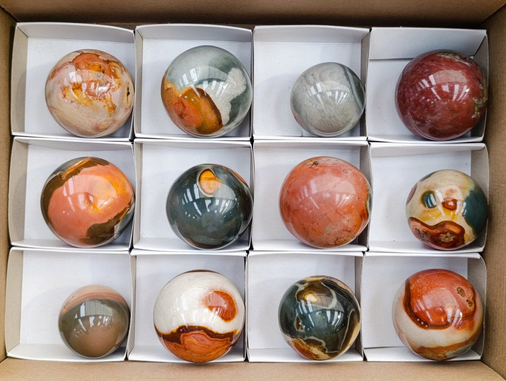 Polished Mixed Small Polychrome and Ocean Jasper Spheres x 12 From Madagascar