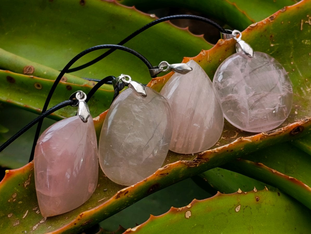 Hand Made Rose Quartz Mixed Shaped Pendants with Black Thong x 12 From Madagascar