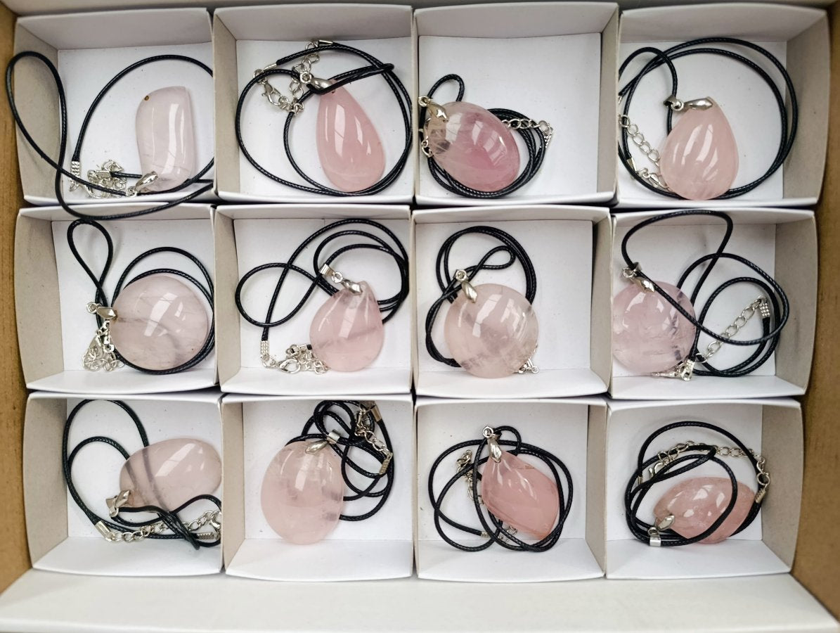 Hand Made Rose Quartz Mixed Shaped Pendants with Black Thong x 12 From Madagascar