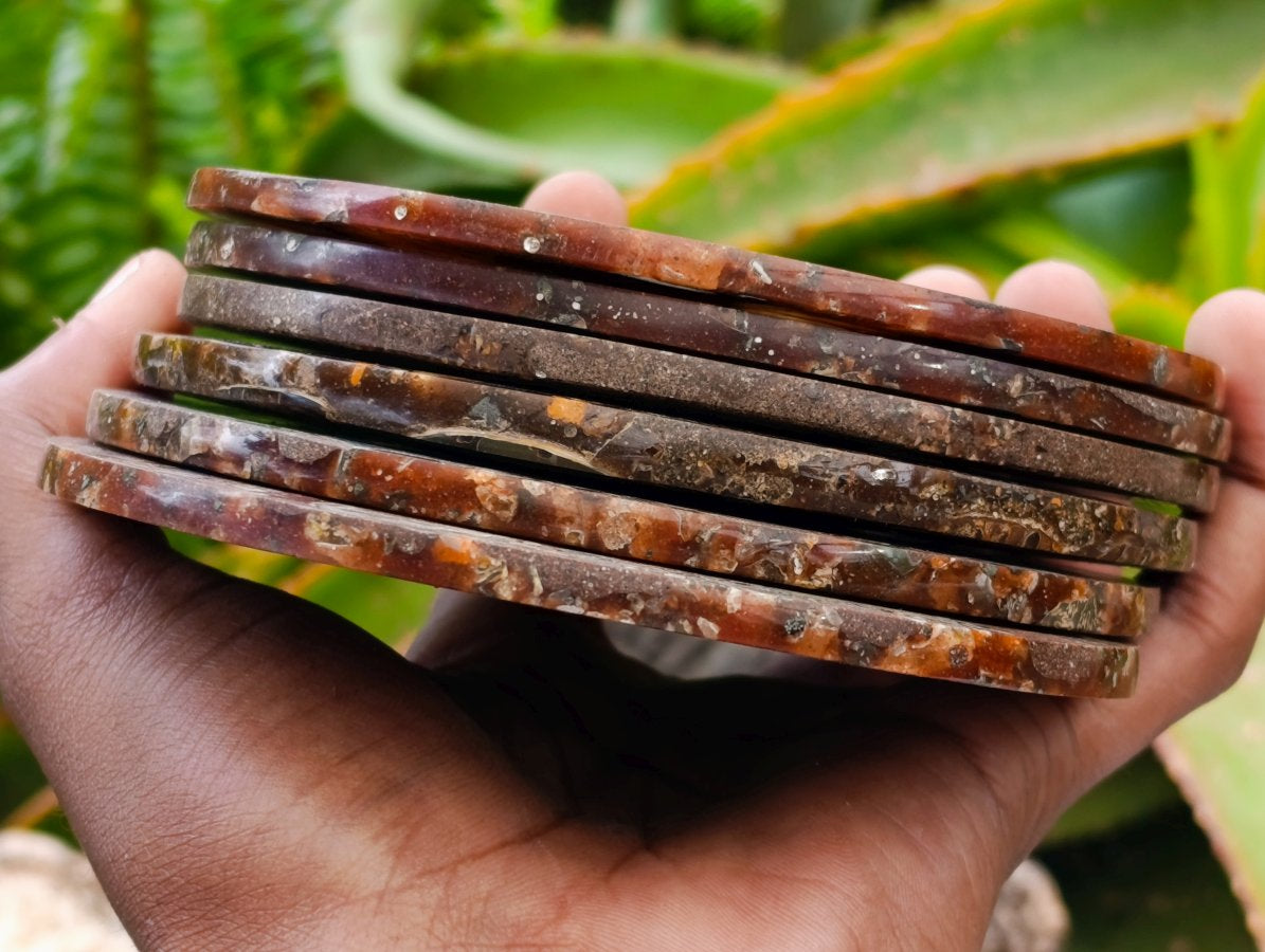 Hand Made Ammonite Conglomerate Coffee Table Coasters x 6 From Mahajanga, Madagascar