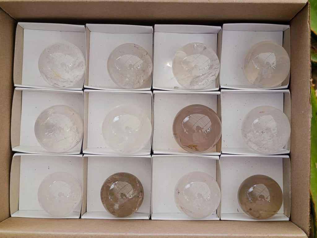 Polished Clear Smokey Quartz and Girasol Spheres x 12 From Madagascar