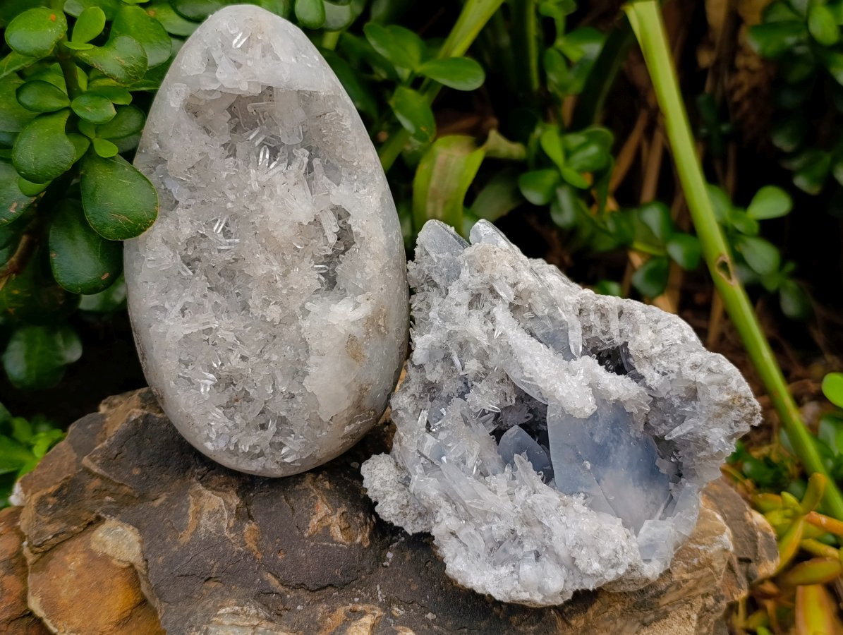 Polished Blue Celestite Geode Egg and Natural Specimen x 2 From Sakoany, Madagascar