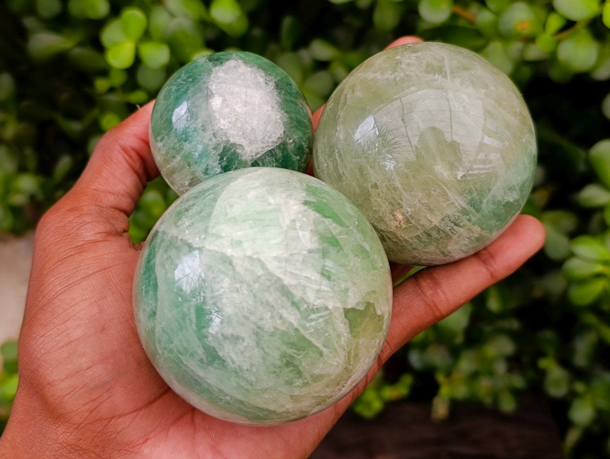 Polished Green Fluorite Spheres x 3 From Madagascar