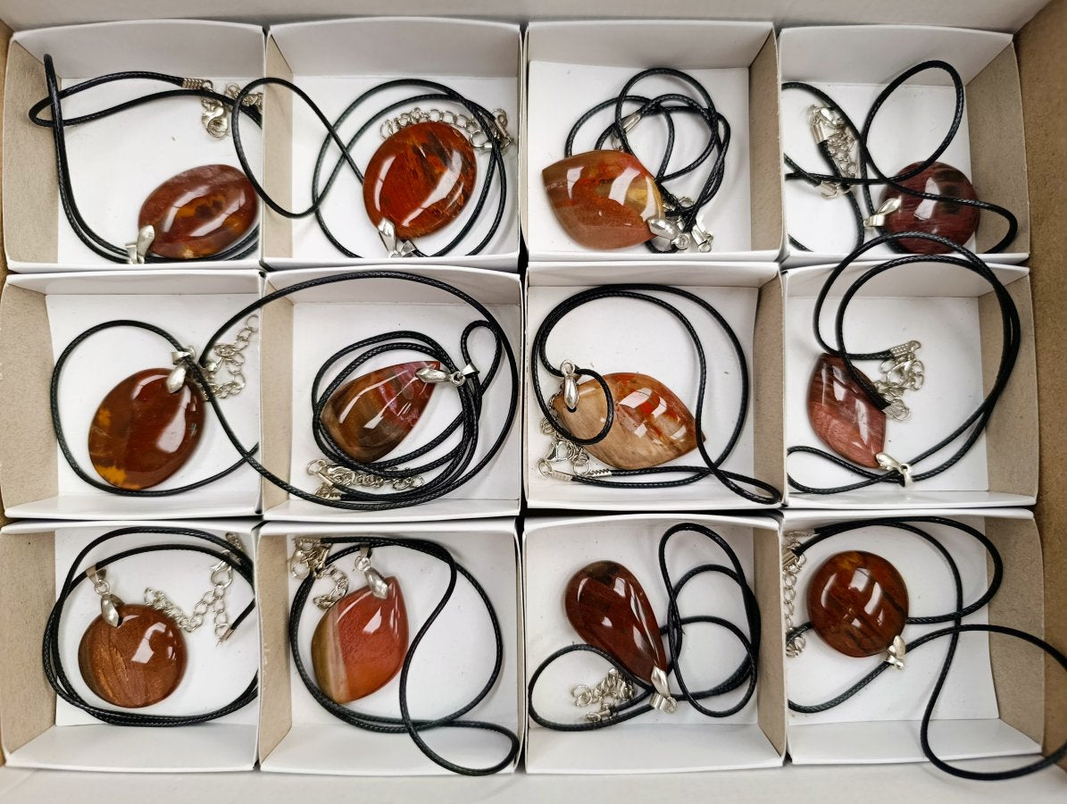 Hand Made Red Podocarpus Petrified Wood Mixed Shaped Pendants x 12 From Madagascar