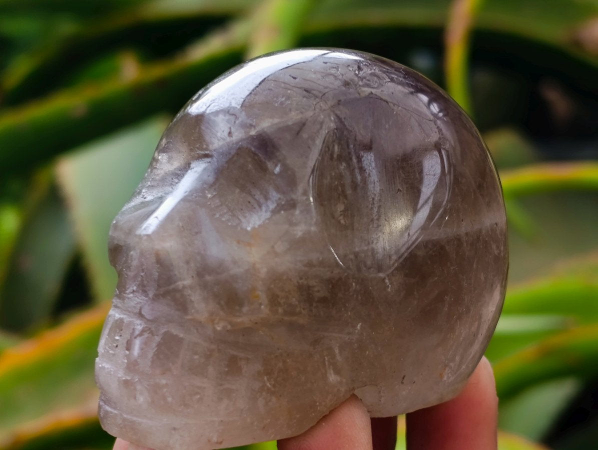 Hand Made Smokey Window Quartz Skull Carvings x 3 From Madagascar