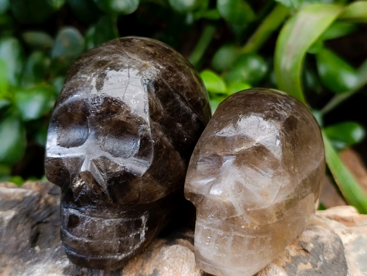 Hand Made Smokey Window Quartz Skull Carvings x 3 From Madagascar