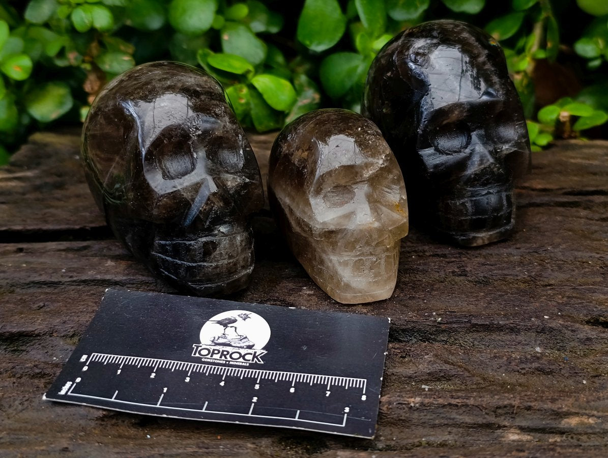 Hand Made Smokey Window Quartz Skull Carvings x 3 From Madagascar