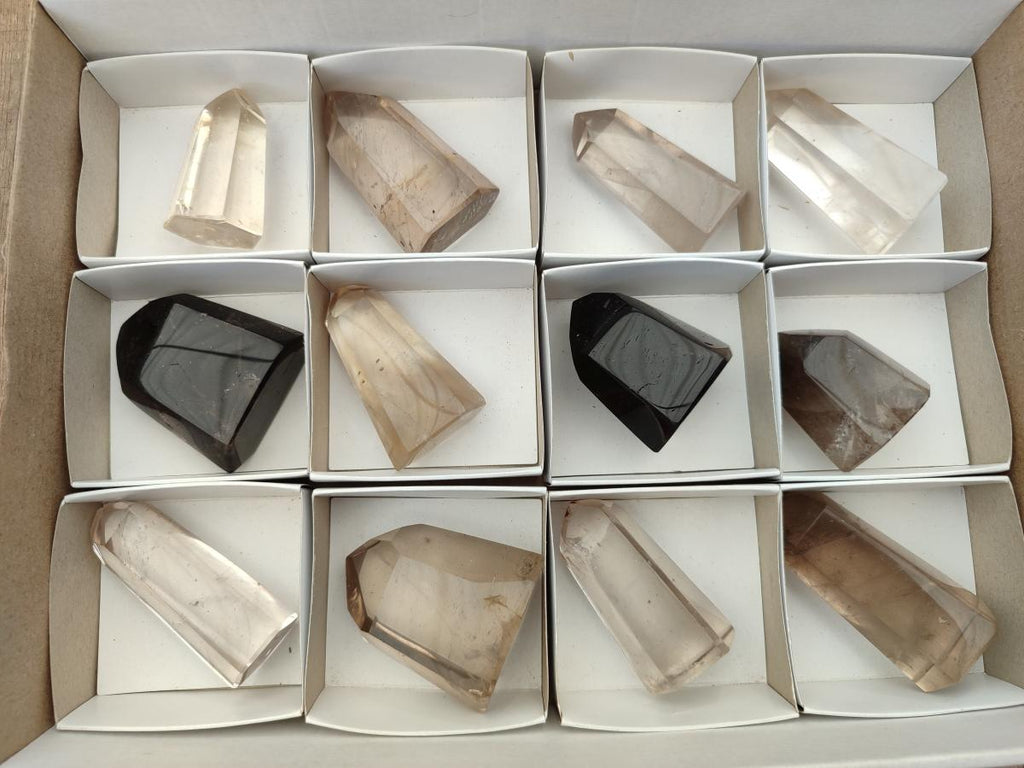 Polished Mix of Smokey Phantom Quartz Crystals x 12 From Madagascar