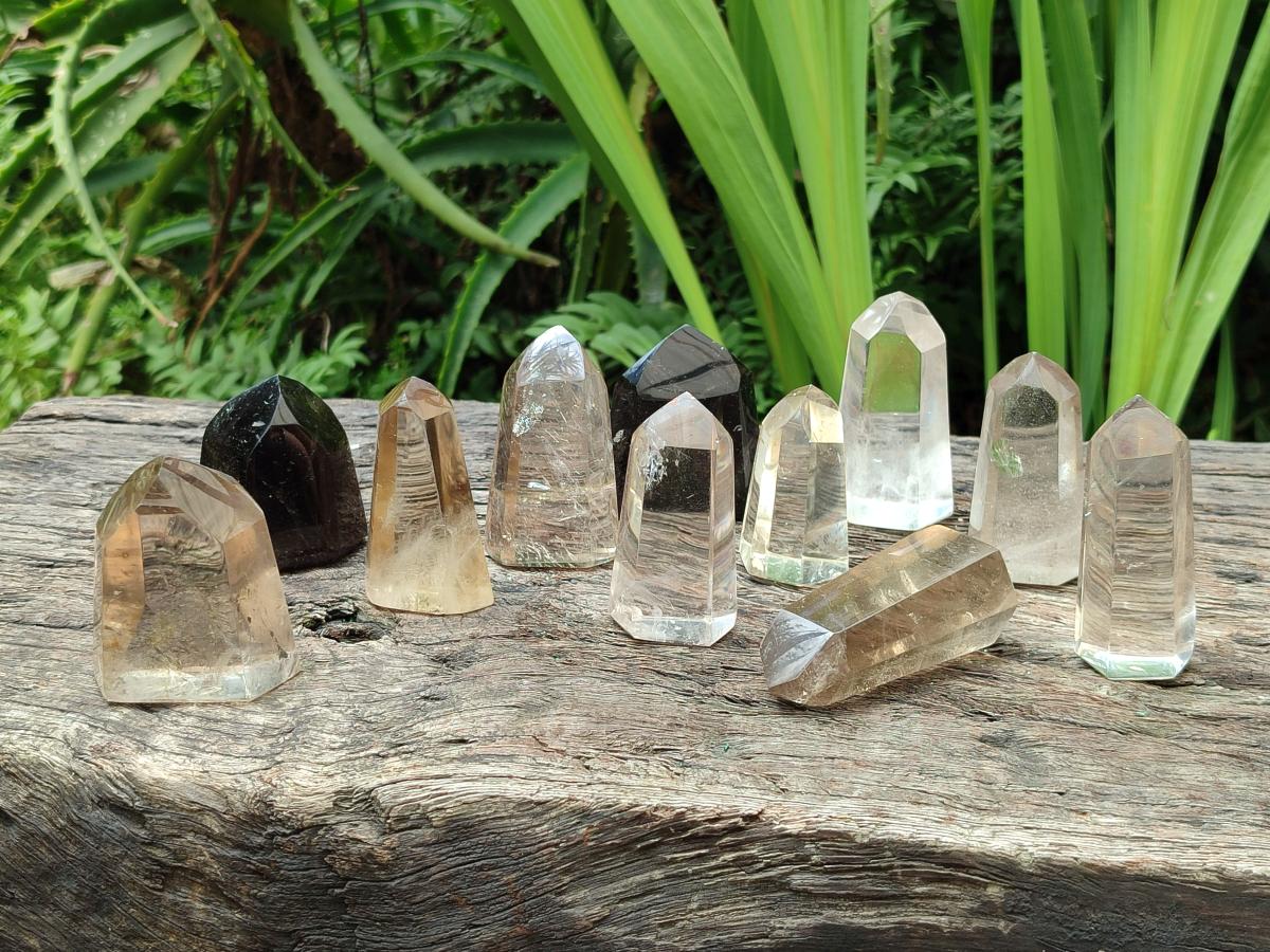 Polished Mix of Smokey Phantom Quartz Crystals x 12 From Madagascar