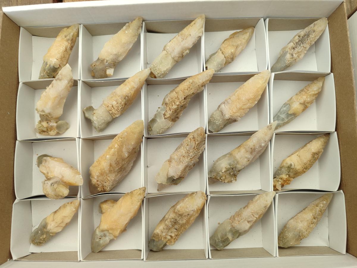 Natural Drusy Quartz Coated Spearhead Calcite Crystals x 20 From Albert's Mountain, Lesotho