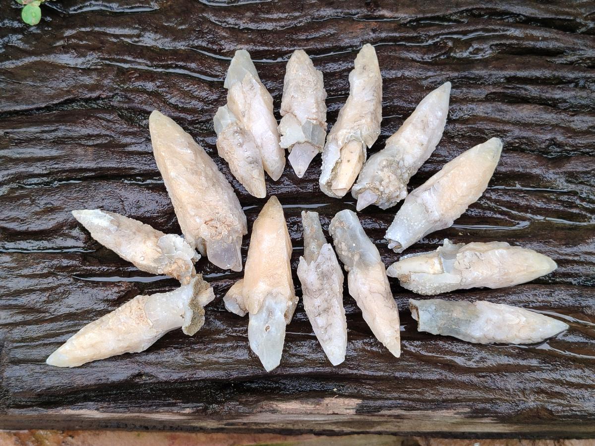 Natural Drusy Quartz Coated Spearhead Calcite Crystals x 20 From Albert's Mountain, Lesotho