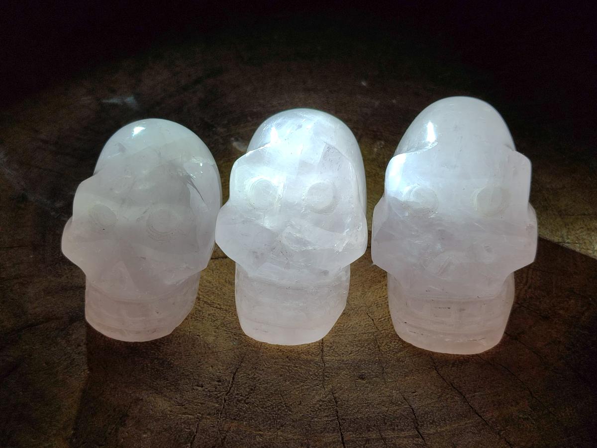 Hand Made Gemmy Rose Quartz Skull Carvings x 5 From Madagascar