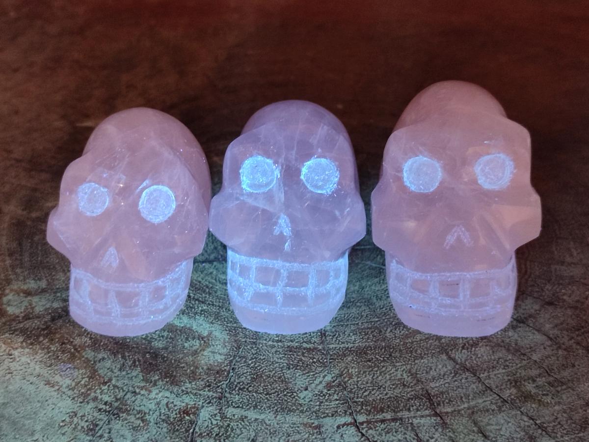 Hand Made Gemmy Rose Quartz Skull Carvings x 5 From Madagascar