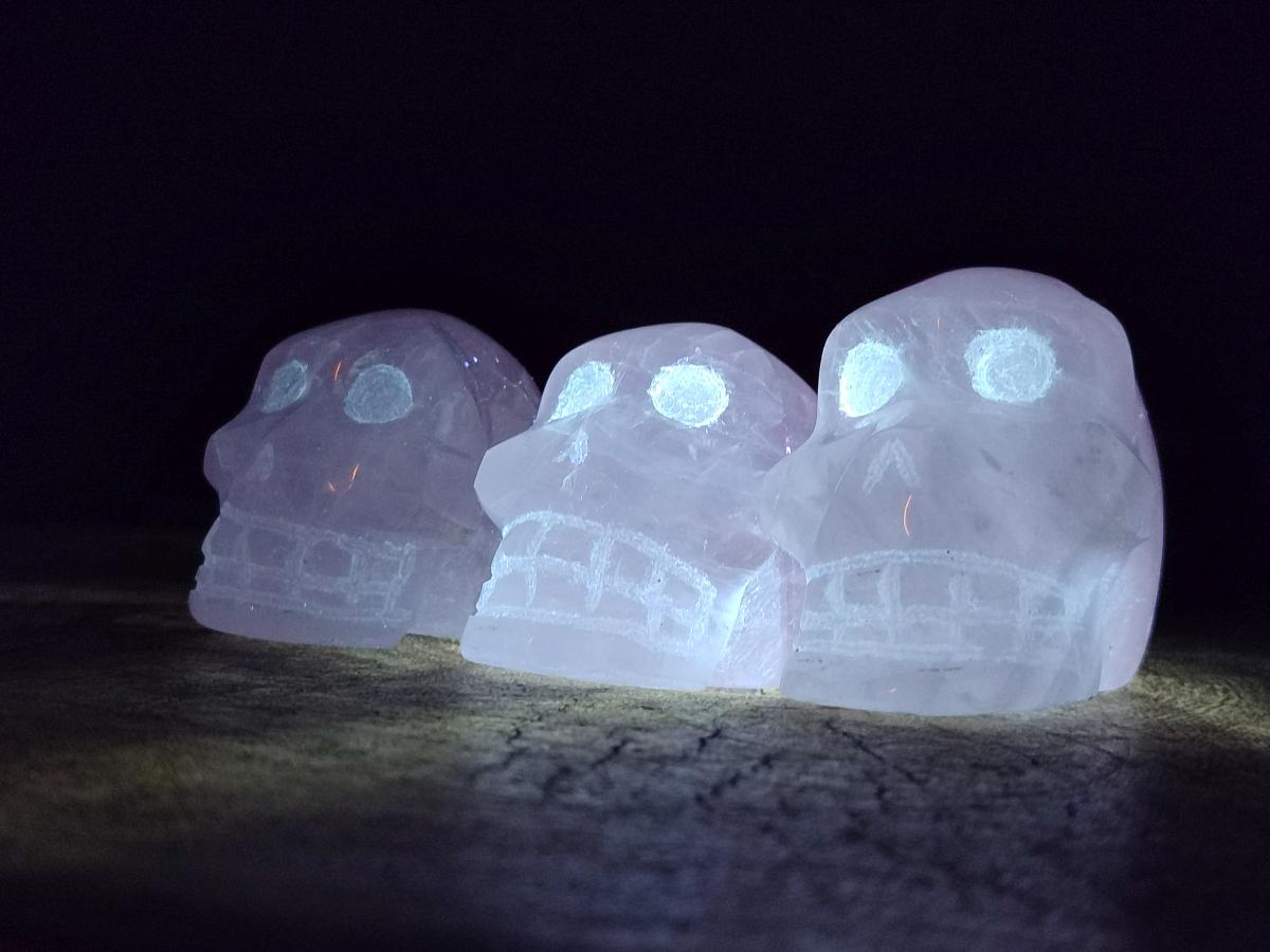 Hand Made Gemmy Rose Quartz Skull Carvings x 5 From Madagascar