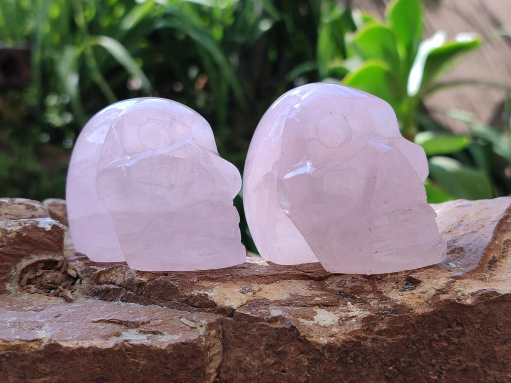 Hand Made Gemmy Rose Quartz Skull Carvings x 5 From Madagascar