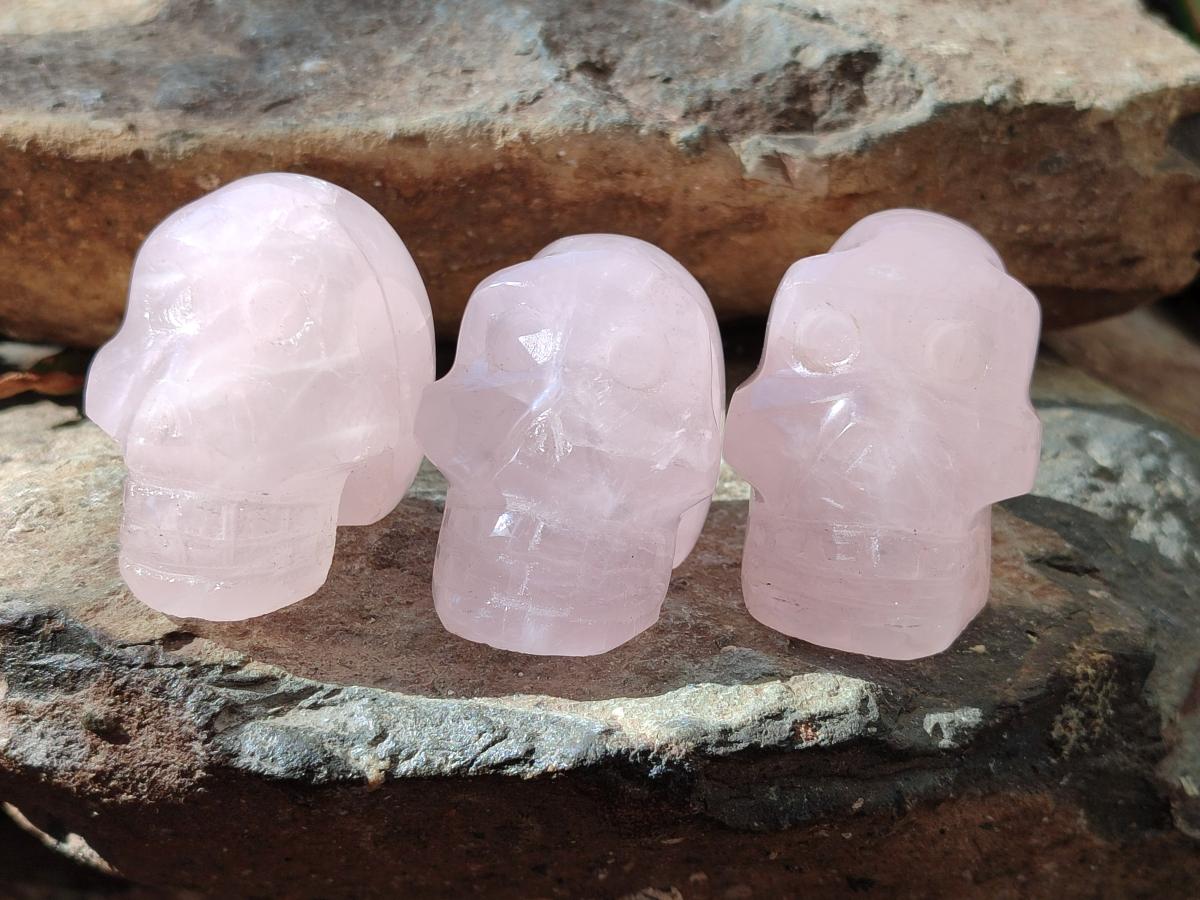 Hand Made Gemmy Rose Quartz Skull Carvings x 5 From Madagascar