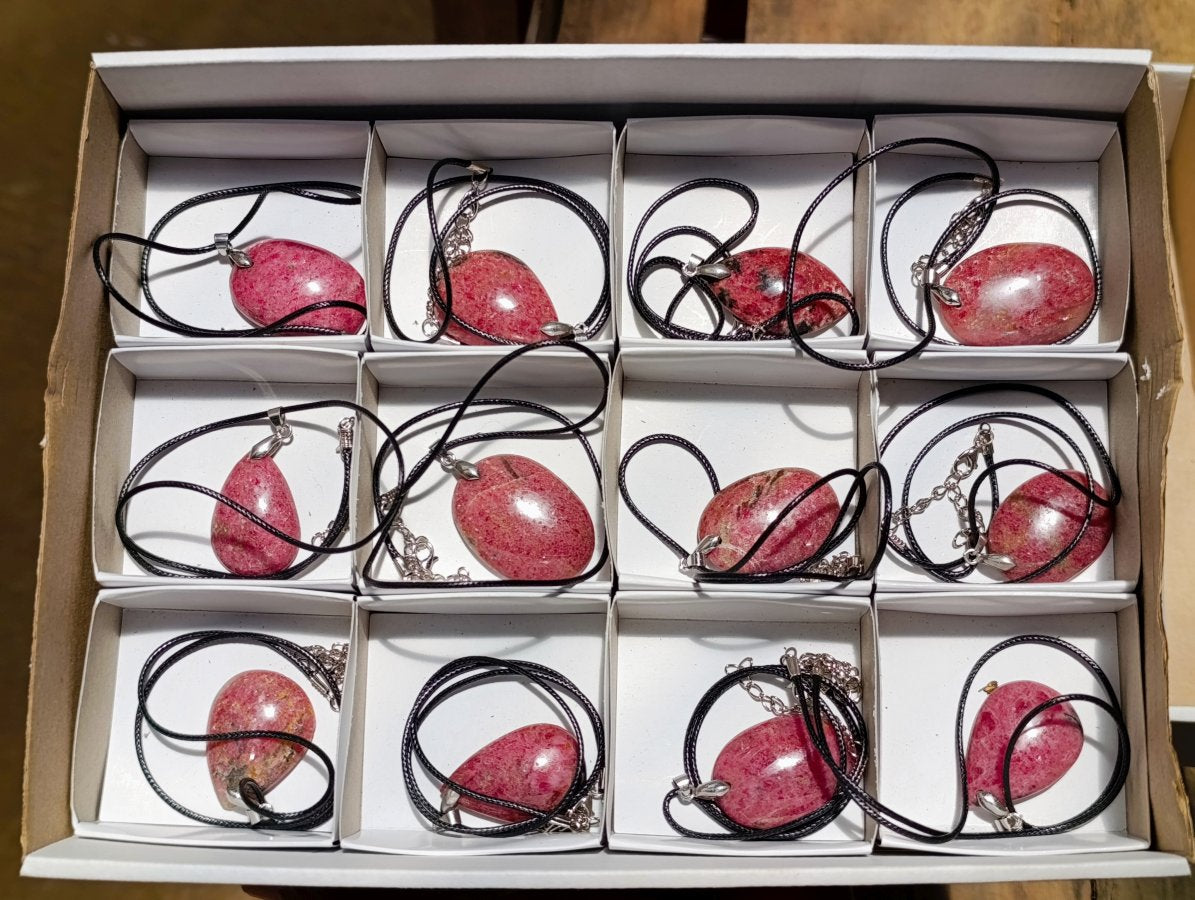Hand Made Various Shaped Rhodonite Gemstone Pendants x 12 From Ambindavato, Madagascar