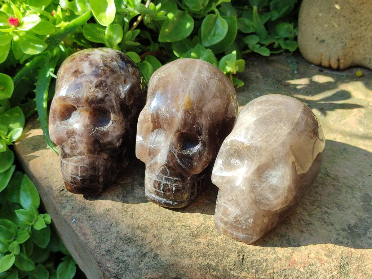 Hand Made Smokey Window Quartz Skull Carvings x 3 From Madagascar