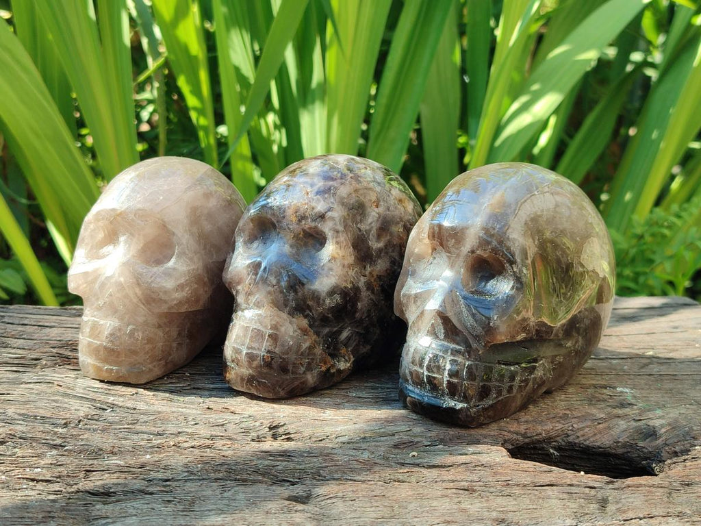Hand Made Smokey Window Quartz Skull Carvings x 3 From Madagascar