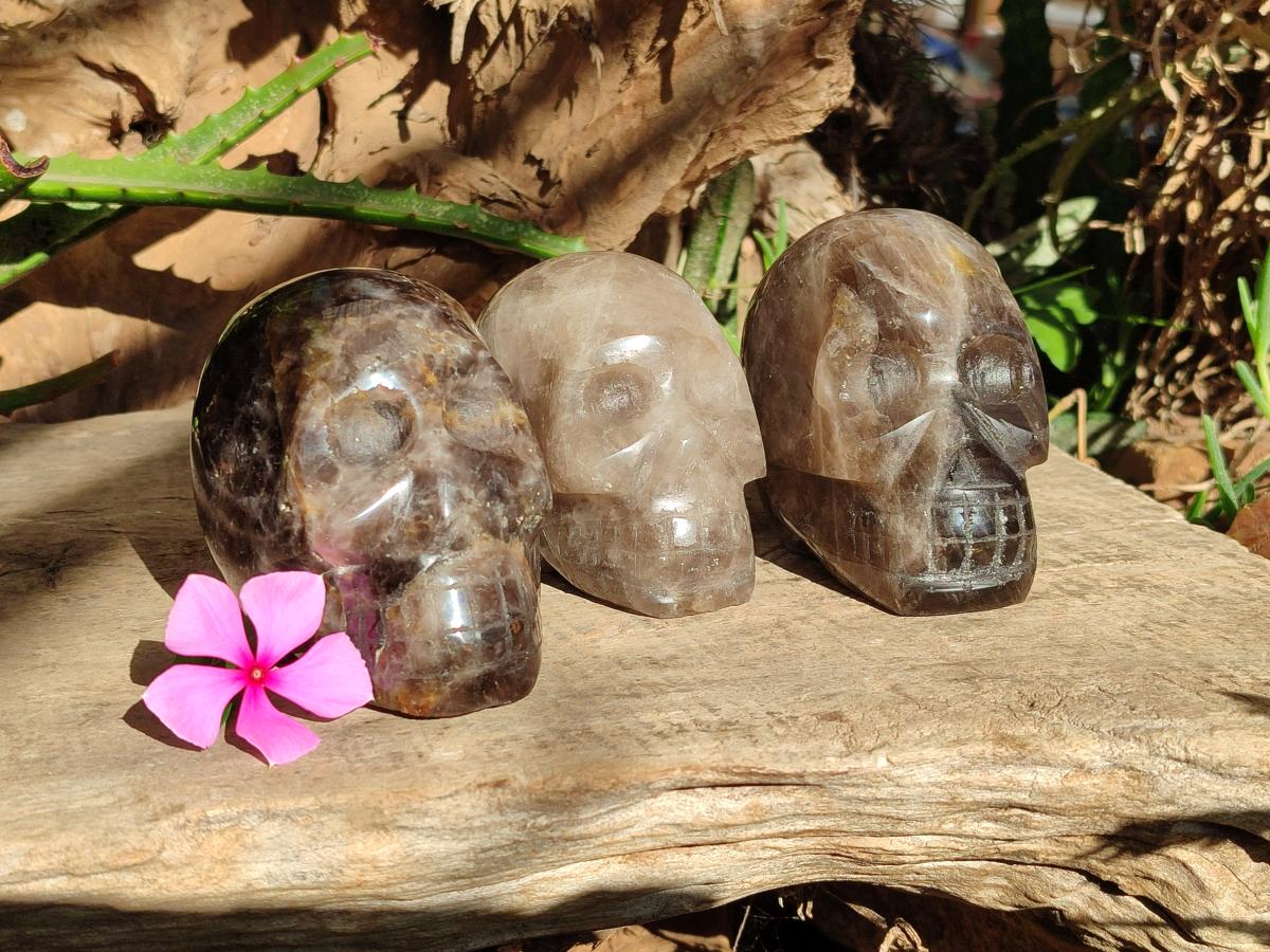 Hand Made Smokey Window Quartz Skull Carvings x 3 From Madagascar