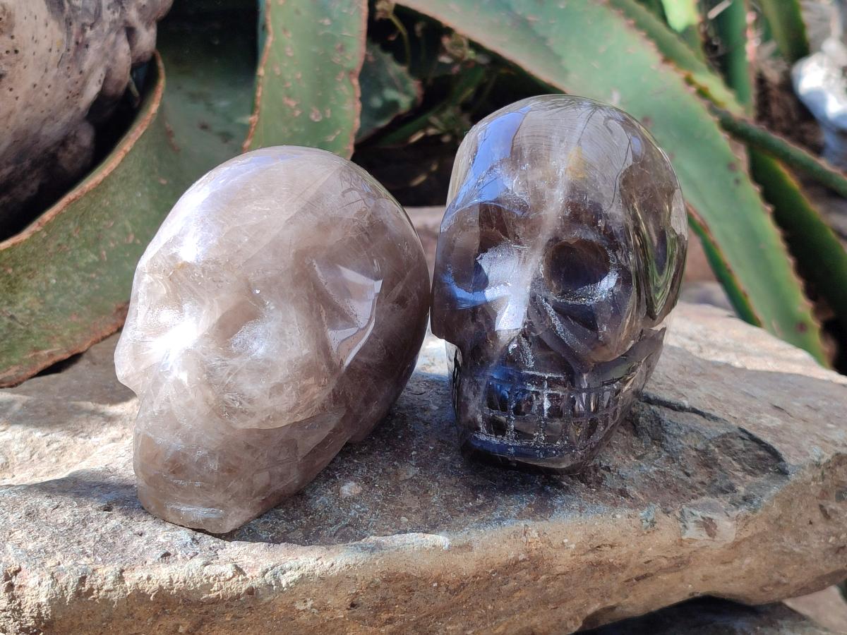 Hand Made Smokey Window Quartz Skull Carvings x 3 From Madagascar