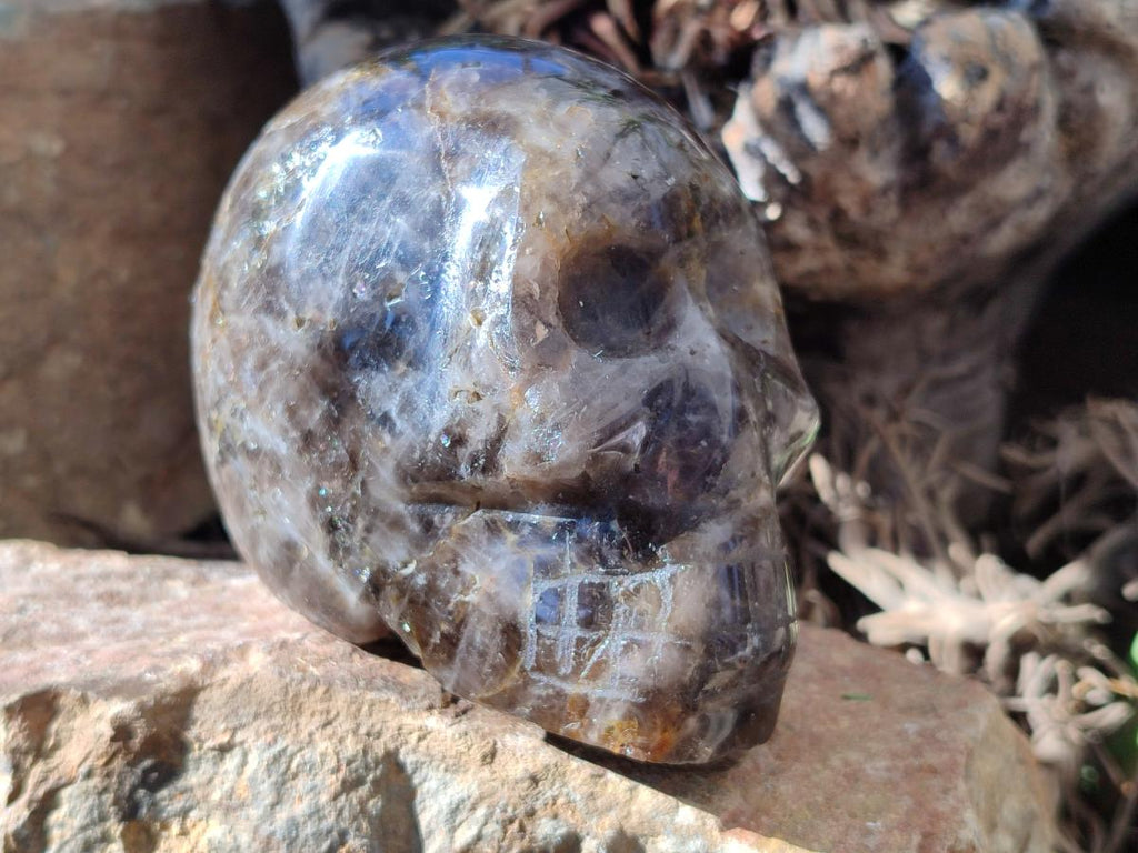 Hand Made Smokey Window Quartz Skull Carvings x 3 From Madagascar