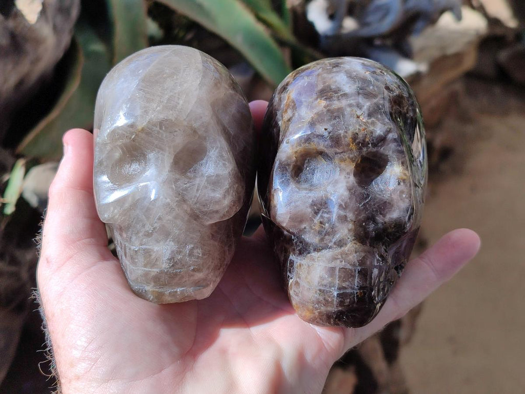Hand Made Smokey Window Quartz Skull Carvings x 3 From Madagascar