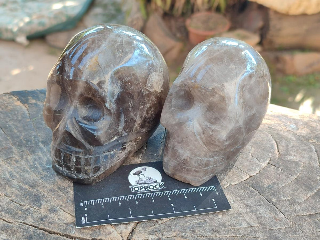 Hand Made Smokey Window Quartz Skull Carvings x 3 From Madagascar