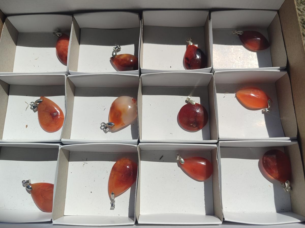 Hand Made Carnelian Agate Gemstone Pendants x 12 From Madagascar