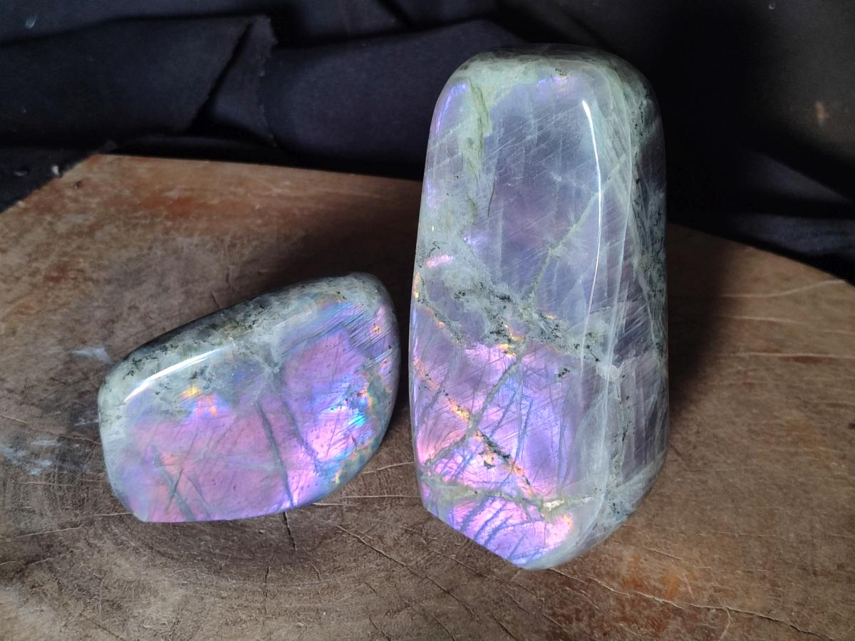Polished Rare Purple Sunset Flash Labradorite Standing Free Forms x 2 From Madagascar