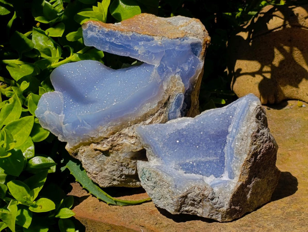 Natural Blue Lace Agate Geode Specimens x 3 From Nsanje, Malawi