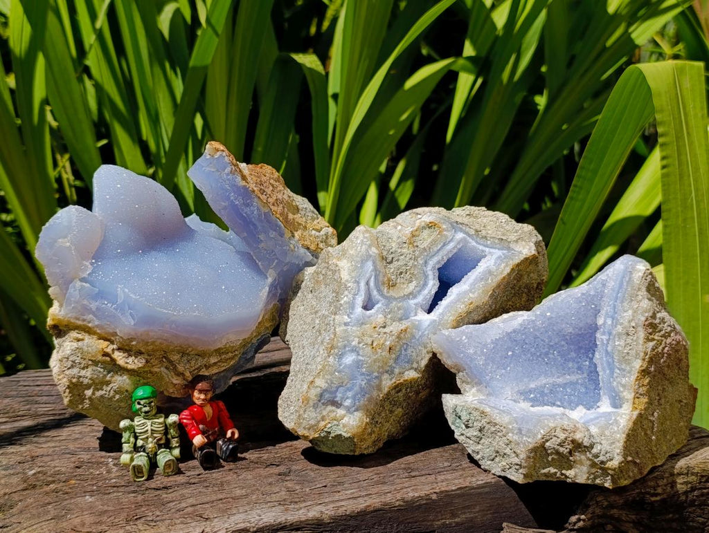Natural Blue Lace Agate Geode Specimens x 3 From Nsanje, Malawi