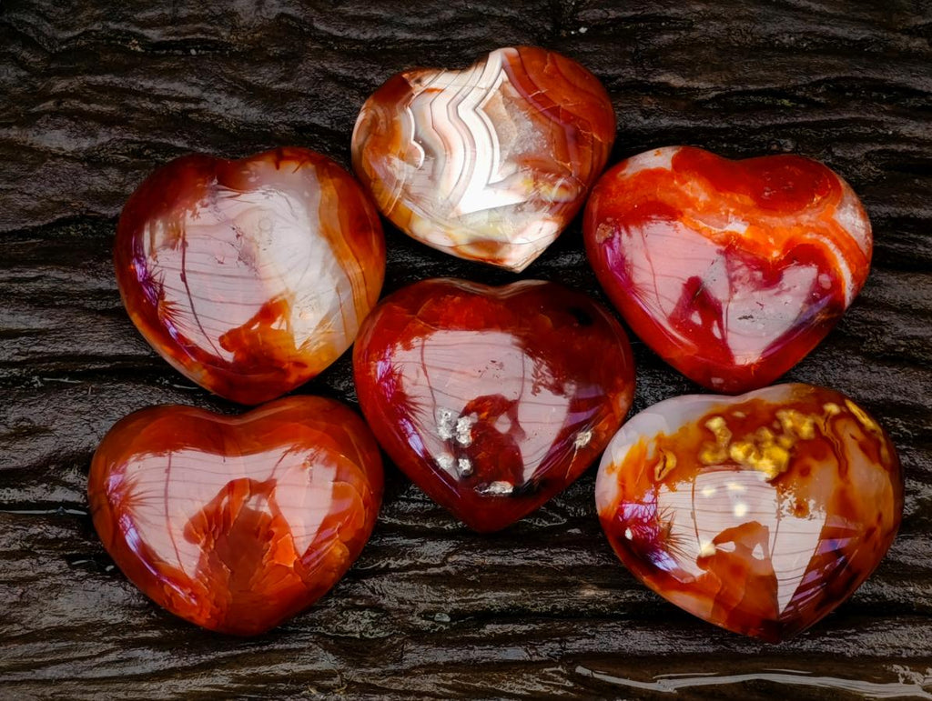 Polished Carnelian Agate Gemstone Hearts x 6 From Madagascar