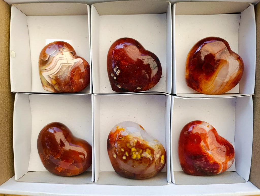 Polished Carnelian Agate Gemstone Hearts x 6 From Madagascar