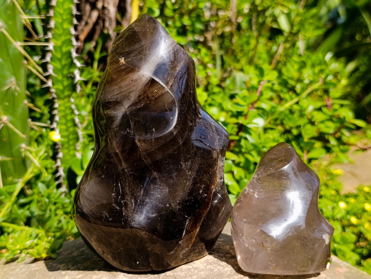 Polished Smokey Window Quartz Flames x 3 From Madagascar