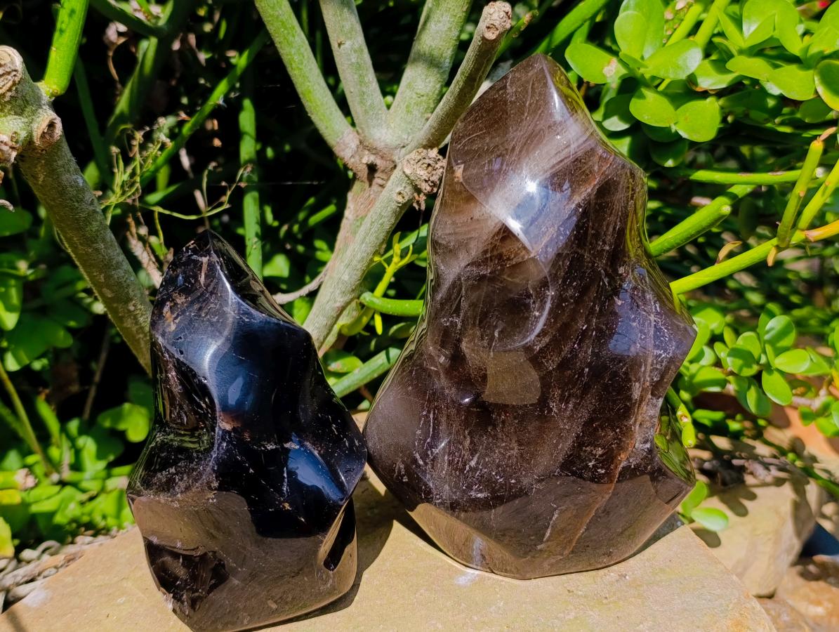 Polished Smokey Window Quartz Flames x 3 From Madagascar