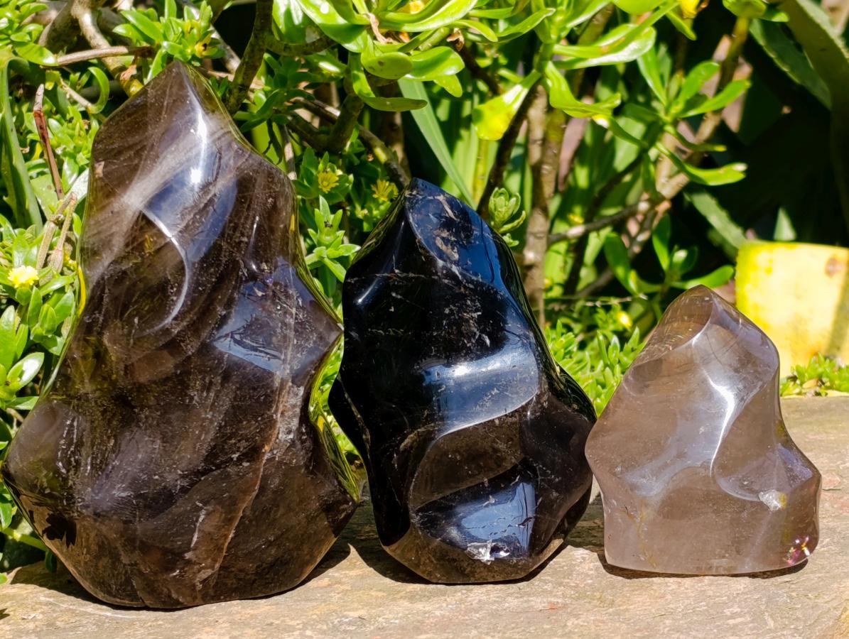 Polished Smokey Window Quartz Flames x 3 From Madagascar