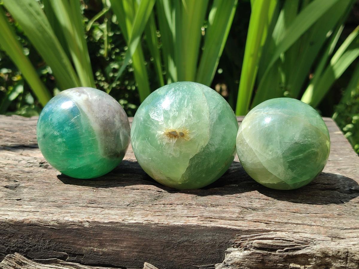 Polished Green Fluorite Spheres x 4 From Madagascar