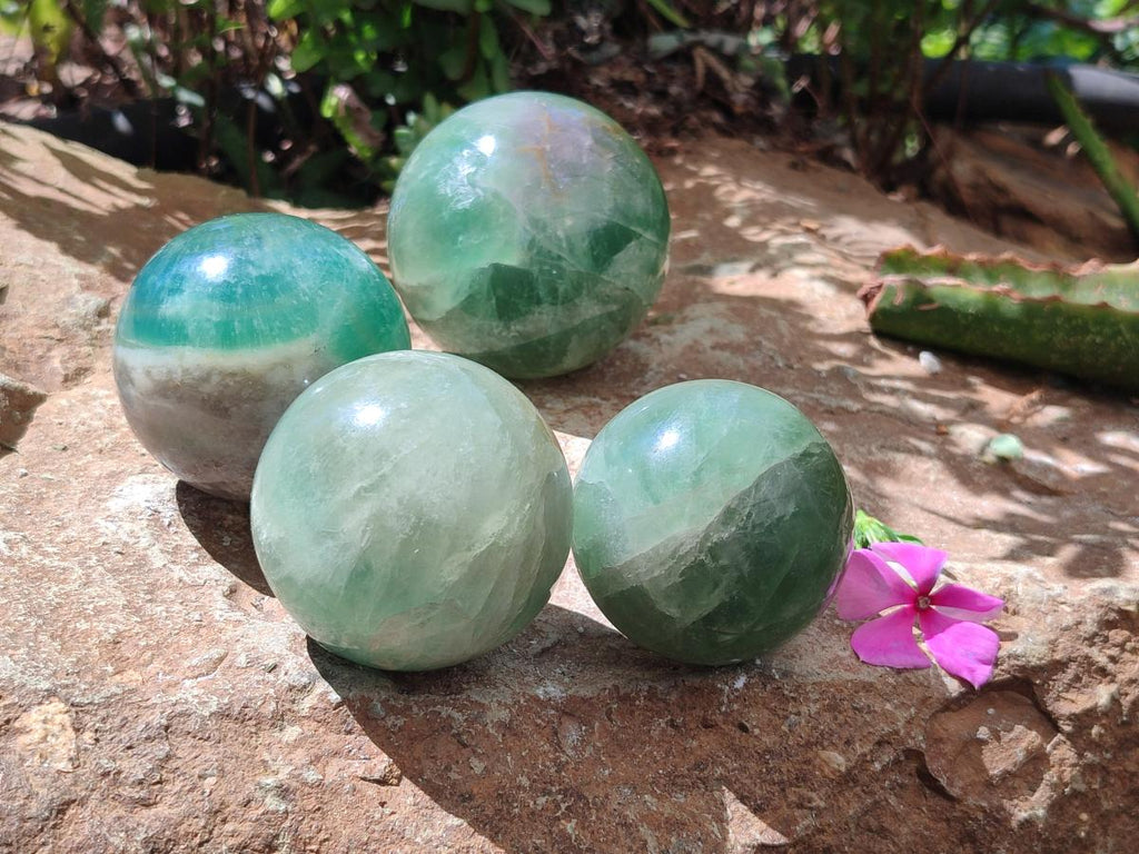 Polished Green Fluorite Spheres x 4 From Madagascar