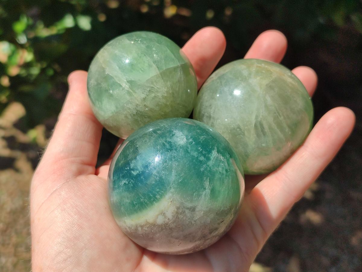Polished Green Fluorite Spheres x 4 From Madagascar