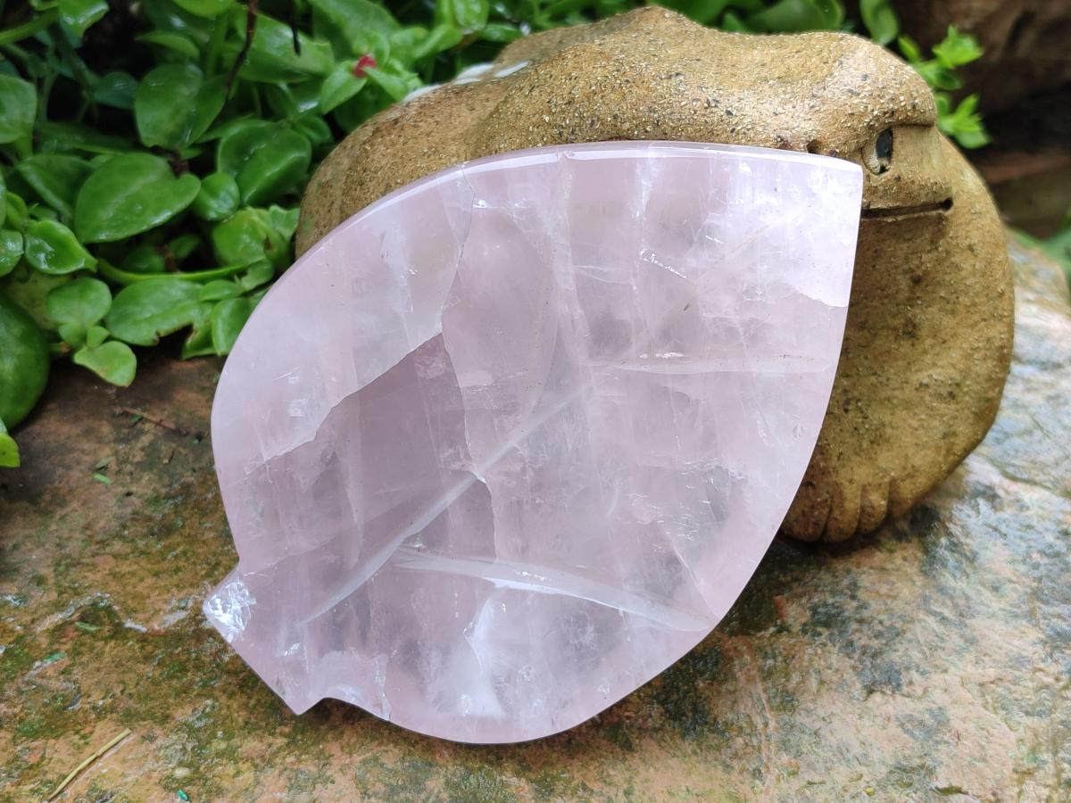 Hand Made Gemmy Rose Quartz Leaf Bowl Carvings x 3 From Madagascar