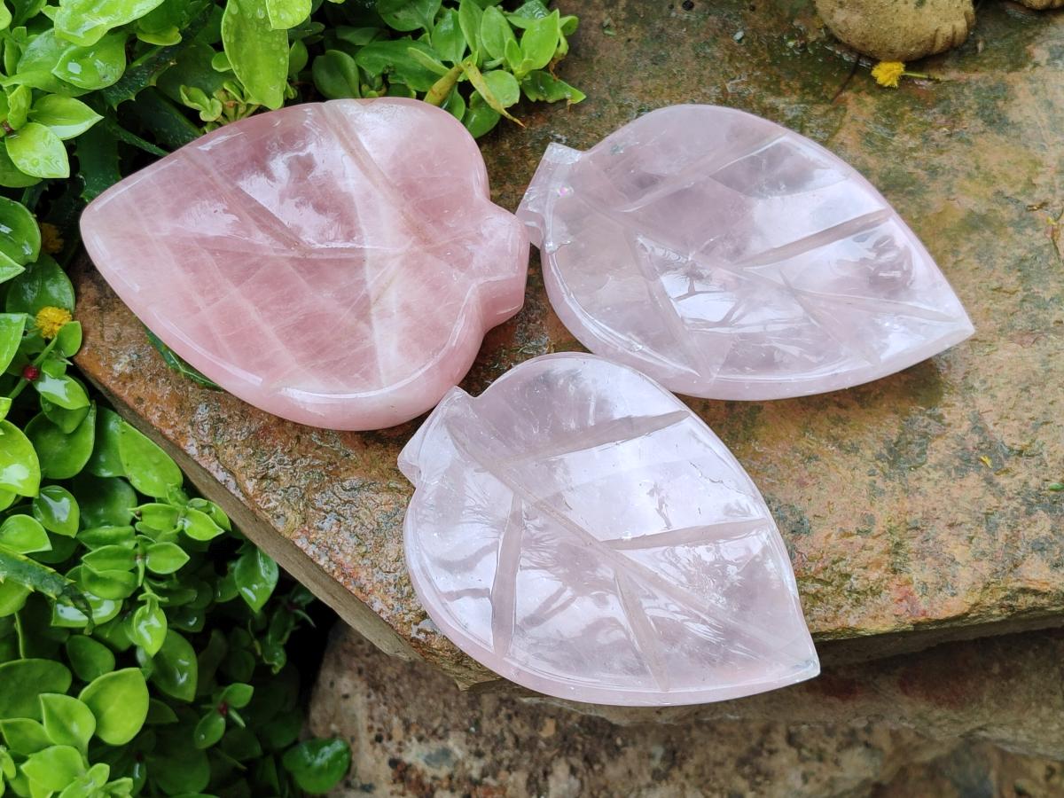 Hand Made Gemmy Rose Quartz Leaf Bowl Carvings x 3 From Madagascar
