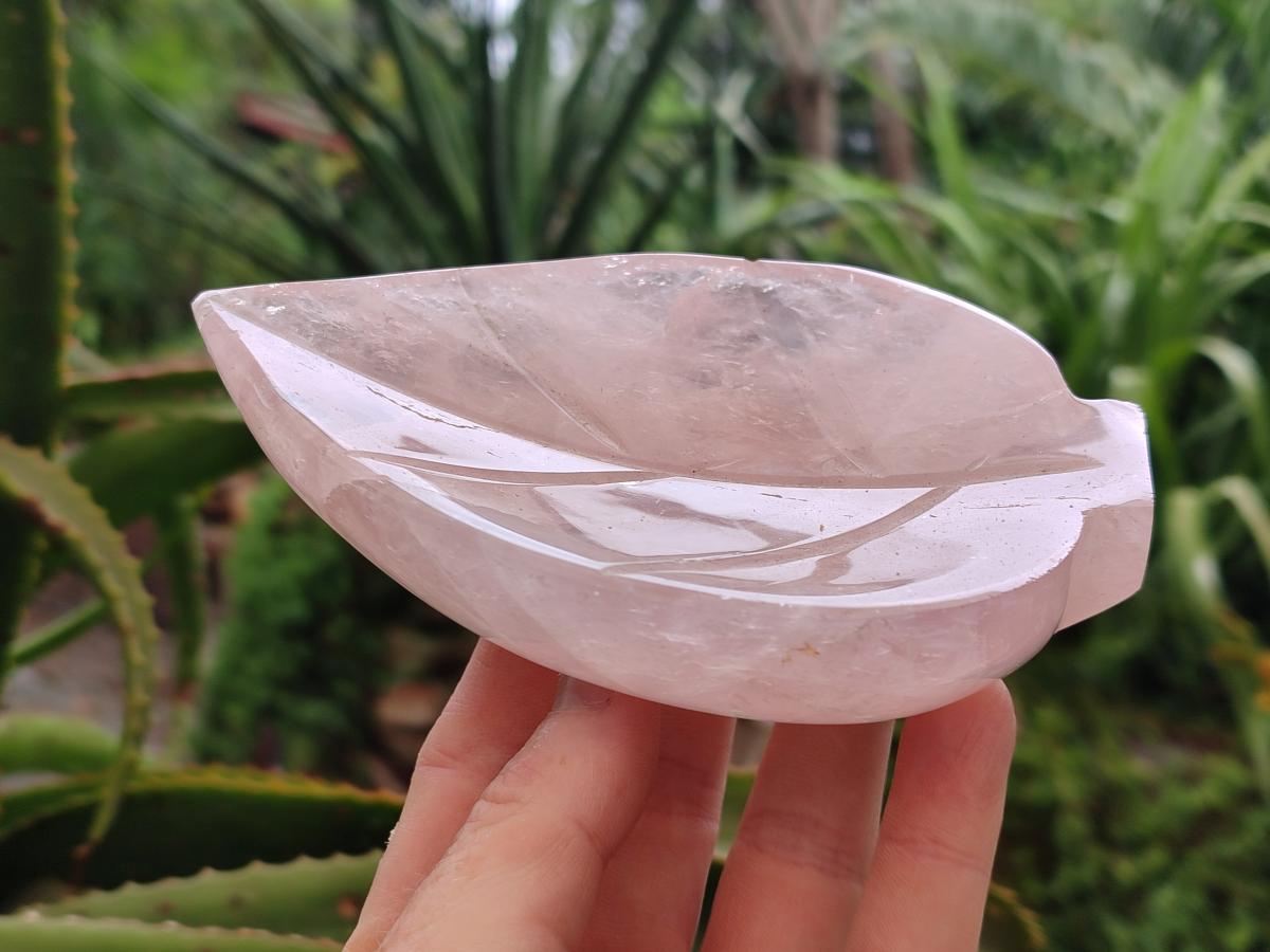 Hand Made Gemmy Rose Quartz Leaf Bowl Carvings x 3 From Madagascar