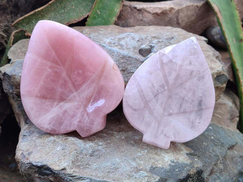 Hand Made Gemmy Rose Quartz Leaf Bowl Carvings x 3 From Madagascar