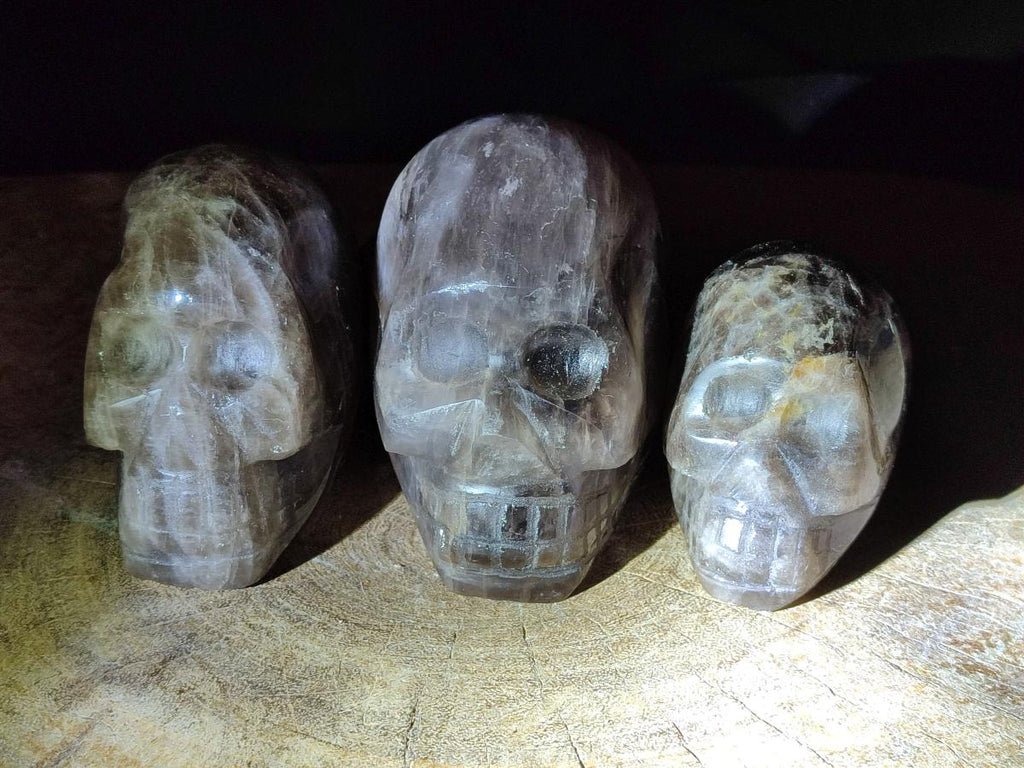 Hand Made Smokey Quartz Skull Carvings x 3 From Madagascar
