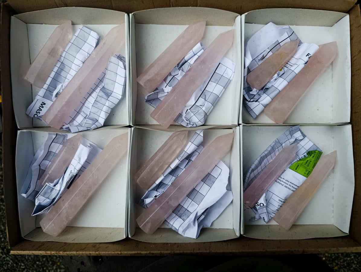 Polished Long Thin Gemmy Rose Quartz Crystals x 12 From Madagascar