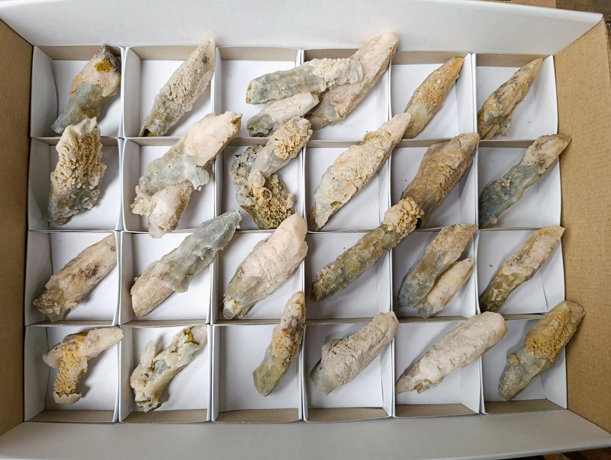 Natural Drusy Quartz Coated Spearhead Calcite Crystals x 24 From Albert's Mountain, Lesotho